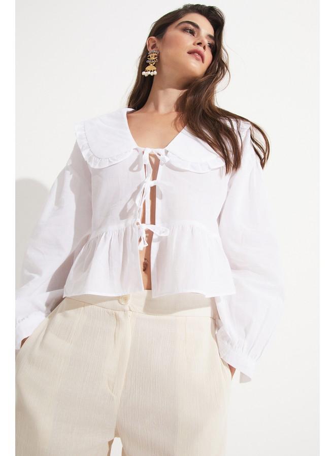 جون بلوزة قطن بيضاء برقبة مكشكشة نسائية من جوني - Image 4