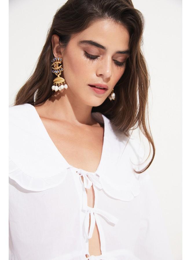 جون بلوزة قطن بيضاء برقبة مكشكشة نسائية من جوني - Image 3