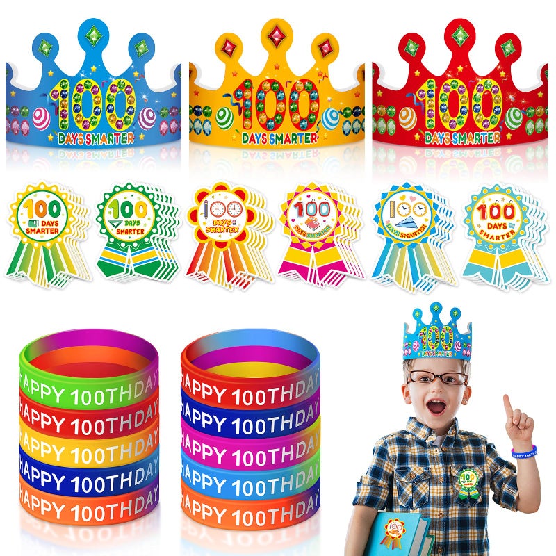 LACCHOUFEE 100 Days of Crowns, 90 Pcs Kits Include 100th Day Smarter Headbands, Rubber and Stickers, Paper Hats for Party Supplies - Image 1