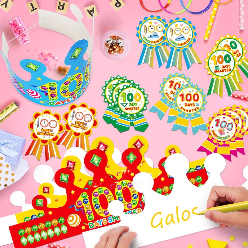LACCHOUFEE 100 Days of Crowns, 90 Pcs Kits Include 100th Day Smarter Headbands, Rubber and Stickers, Paper Hats for Party Supplies - Image 4