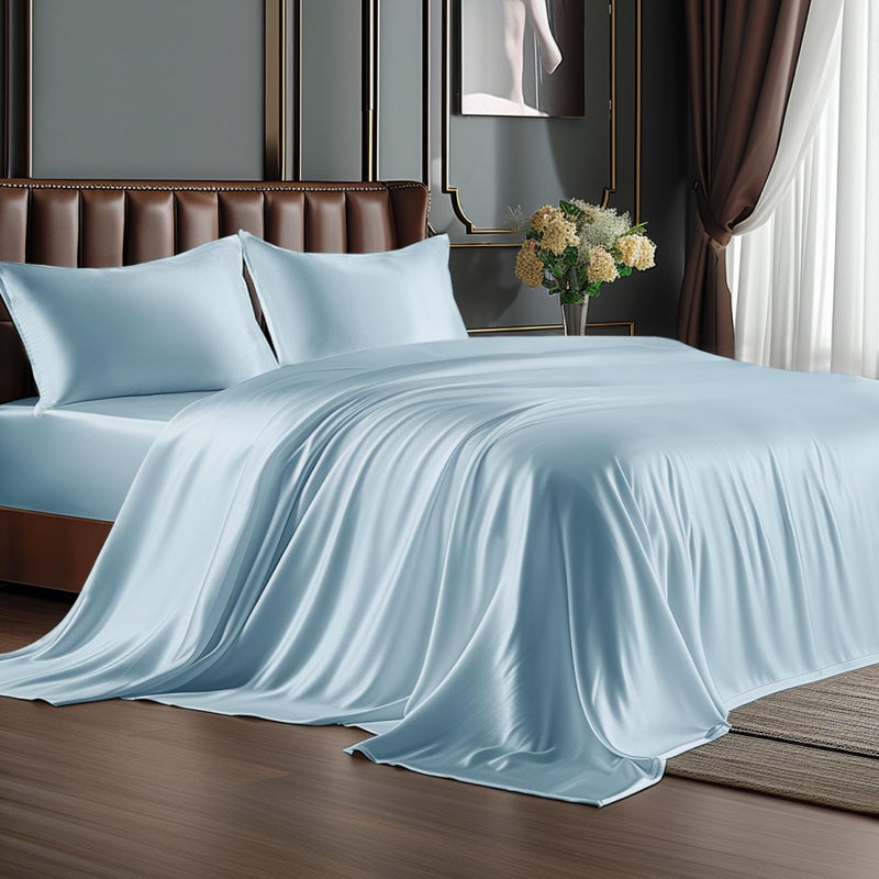 BEDELITE Satin Sheets Full Size Bed Set, Luxury Soft Light Blue Silky Sheet for Hair and Skin, Similar to Silk Bed Sheets Set 4 Pieces with 1 Deep Pocket Fitted Sheet, 1 Flat Sheet, and 2 Pillowcases - Image 1