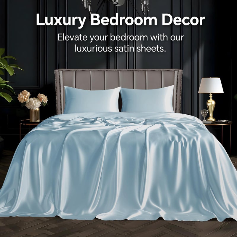 BEDELITE Satin Sheets Full Size Bed Set, Luxury Soft Light Blue Silky Sheet for Hair and Skin, Similar to Silk Bed Sheets Set 4 Pieces with 1 Deep Pocket Fitted Sheet, 1 Flat Sheet, and 2 Pillowcases - Image 2