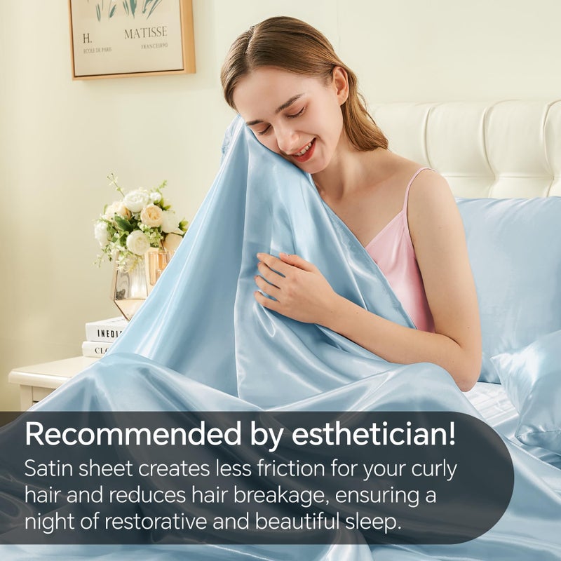 BEDELITE Satin Sheets Full Size Bed Set, Luxury Soft Light Blue Silky Sheet for Hair and Skin, Similar to Silk Bed Sheets Set 4 Pieces with 1 Deep Pocket Fitted Sheet, 1 Flat Sheet, and 2 Pillowcases - Image 4