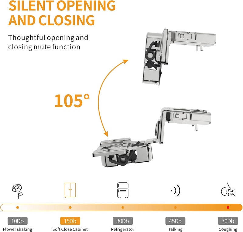 Chibery 50 Pack 1-5/16" Overlay 3D Soft Close Concealed Hinge for Face Frame Door, Smooth Slow Self Closing Hinges, Satin Nickel, Hidden 105° Open Angle Stainless Steel Hinge for Kitchen Cabinet Door - Image 3