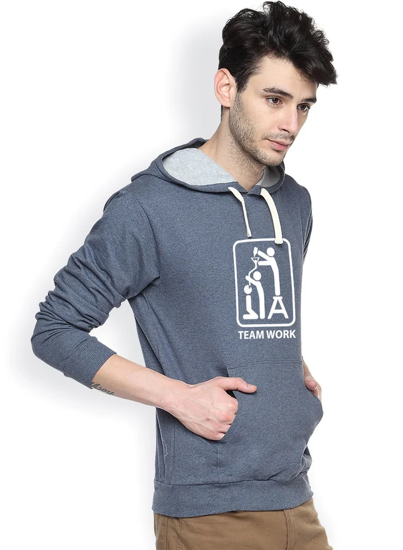 Campus Sutra Men's Steel Blue Teamwork Print Pullover Hoodie