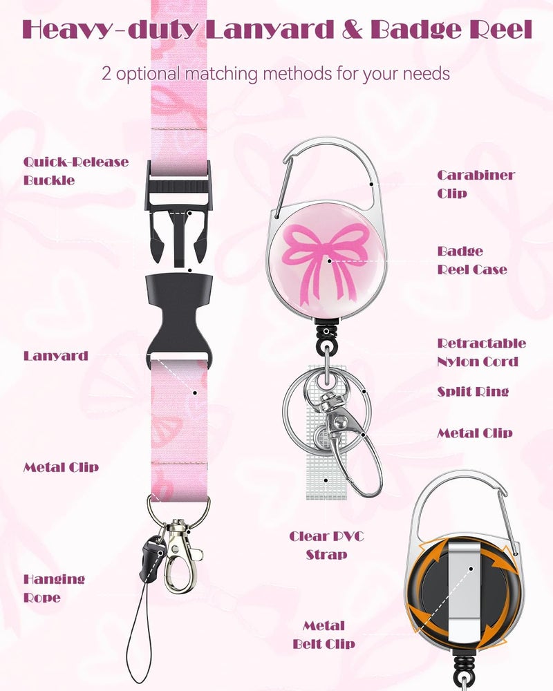 Uniclife Fashionable Sliding Badge Holder Bowknot Pattern Plastic Card Holder with Retractable Badge Reel Carabiner & Detachable Lanyard Card Protector for Office Worker Teacher Student - Image 4