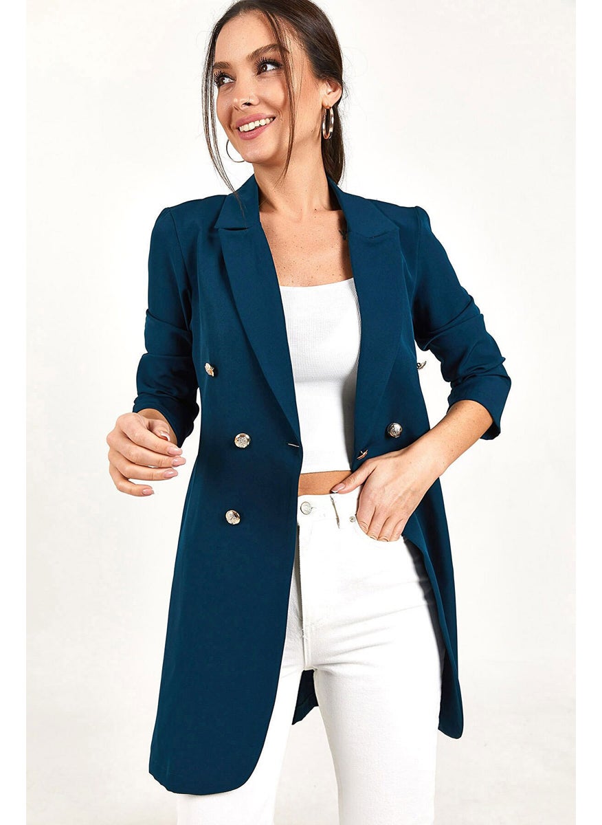 Generic 2024 New Womens Casual Solid Color Double-Breasted Mid-Long Blazer Army Green  - Image 4
