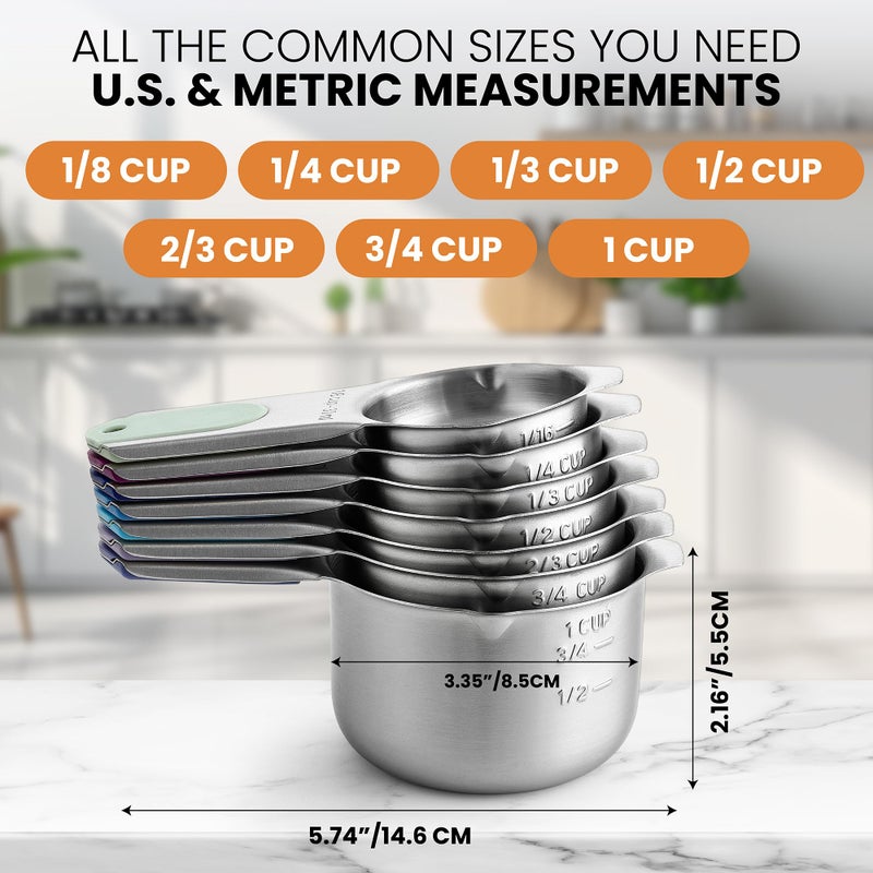 Spring Chef Magnetic Stainless Steel Measuring Cups, Patented, Kitchen Tools with Easy to Read Markings for Measuring Dry or Liquid Ingredients, Set of 7, Winter Frost - Image 3