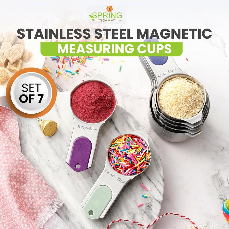 Spring Chef Magnetic Stainless Steel Measuring Cups, Patented, Kitchen Tools with Easy to Read Markings for Measuring Dry or Liquid Ingredients, Set of 7, Winter Frost - Image 2