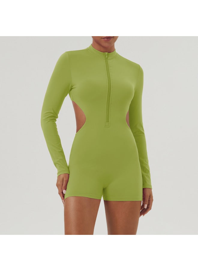 Hollow-out Waist Long-sleeved Jumpsuit European And American One-piece Yoga Jumpsuit Women's Half-zipper Fitness Wear With Chest Pad