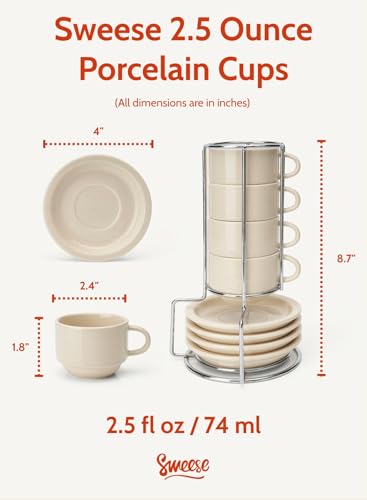 Sweese Porcelain Espresso Cups Set 25 oz Stackable with Saucers Metal Stand Beige 4 Pack - Image 3