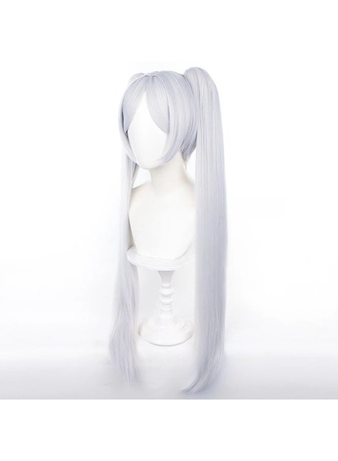 general Frieren: Beyond Journey's End Cosplay Wig Silver Gray Blue Tiger Clip Double Ponytail Wig - Image 2