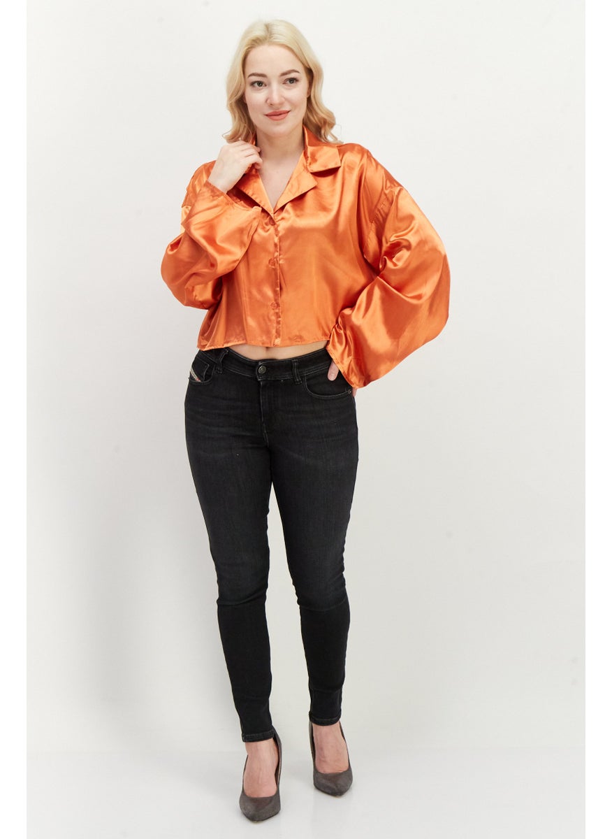 boohoo - Women Notched Collar Long Sleeves Plain Blouse, Orange - Image 1