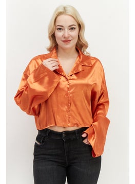 Women Notched Collar Long Sleeves Plain Blouse, Orange