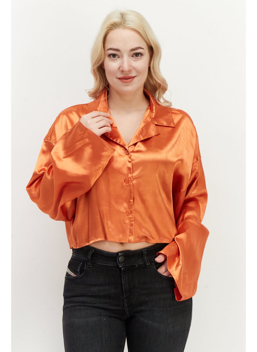 boohoo - Women Notched Collar Long Sleeves Plain Blouse, Orange - Image 1