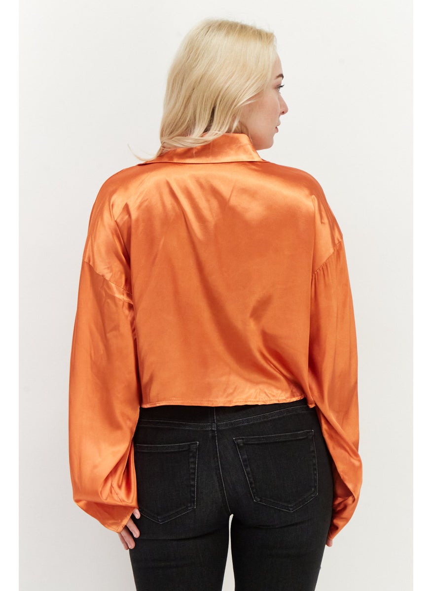 boohoo - Women Notched Collar Long Sleeves Plain Blouse, Orange - Image 1