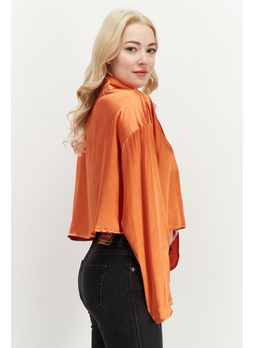 boohoo - Women Notched Collar Long Sleeves Plain Blouse, Orange - Image 1