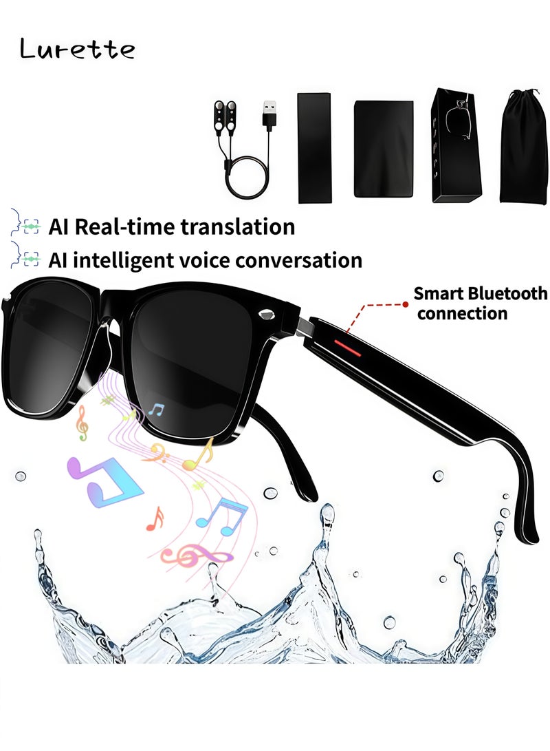 لوريت نظارات ذكية، ترجمة الذكاء الاصطناعي في الوقت الفعلي مع 144 لغة، نظارات صوتية بتقنية البلوتوث مع مكبرات صوت، حماية من الأشعة فوق البنفسجية المستقطبة، صوت مفتوح للأذن، مساعد صوتي باللمس، نظارات شمسية بلوتوث 5.3 للرجال والنساء - أسود - Image 1