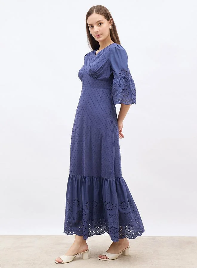 Styli Styli Schiffli Detail Ruffled Hem A-Line Maxi Dress