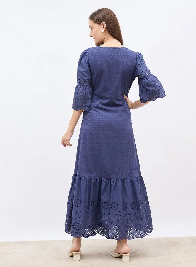 Styli Styli Schiffli Detail Ruffled Hem A-Line Maxi Dress