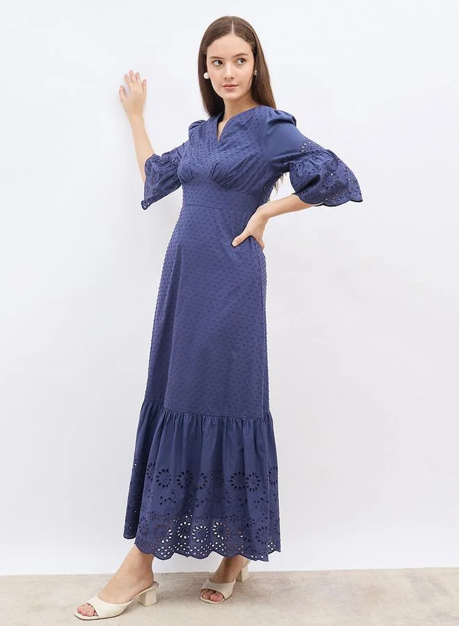 Styli Styli Schiffli Detail Ruffled Hem A-Line Maxi Dress