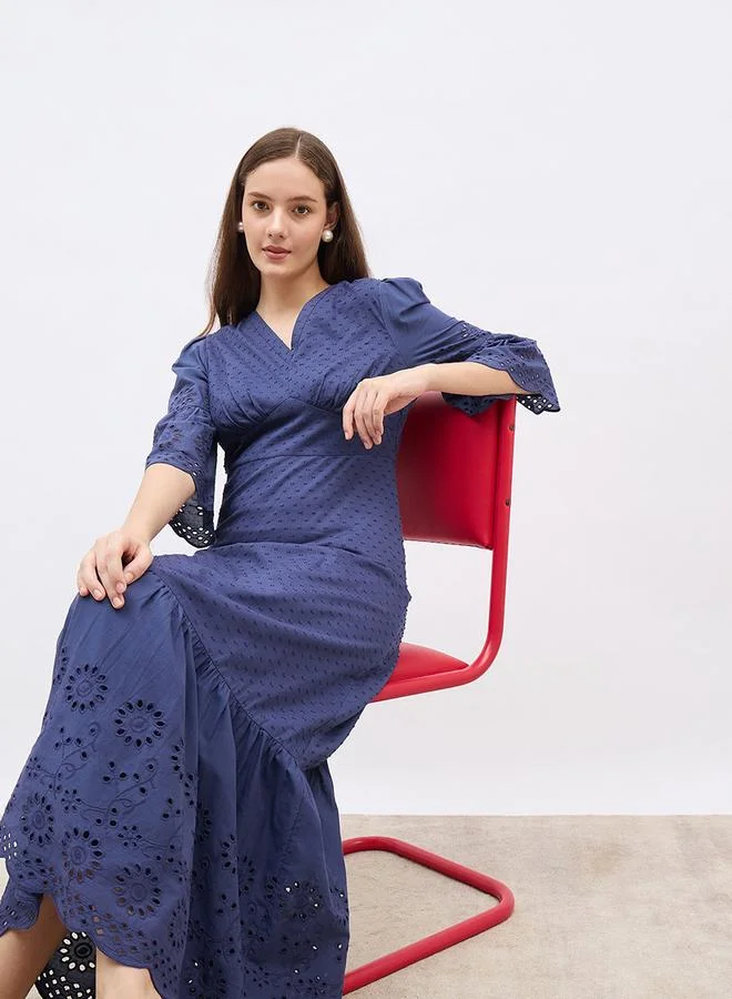 Styli Styli Schiffli Detail Ruffled Hem A-Line Maxi Dress