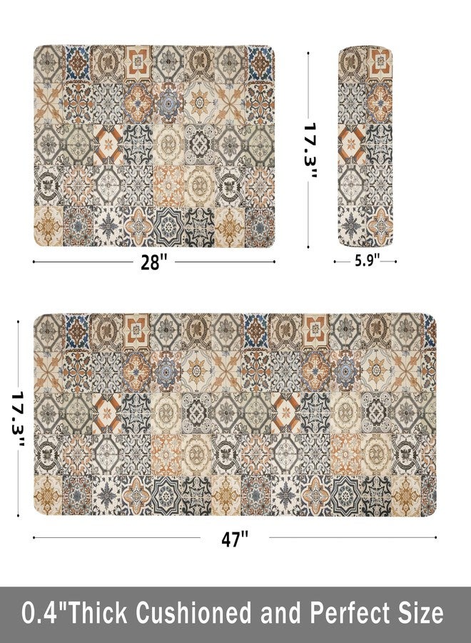 weesire Boho Kitchen Rugs Set 2 Memory Foam Colorful Ceramic Comfort Tile Floor Mat Anti Fatigue Non-Skid PVC Runner Rug Water & Oil Proof Carpet for Kitchen Laundry Sink,17.3x28+17.3x47 Inch, C3 - Image 2