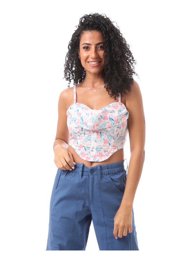 MERCH - Short Blouse With Straps - White Color With Floral Print - Image 1