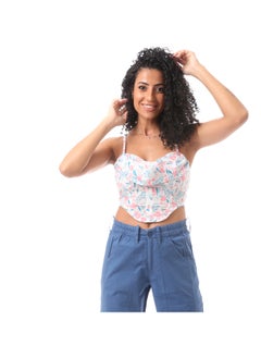 Short Blouse With Straps - White Color With Floral Print