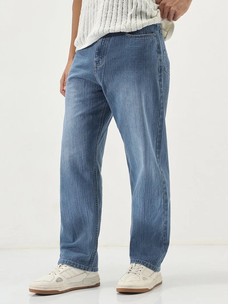 Urbano Fashion Men's Light Blue Loose Baggy Fit Washed Denim Jeans Non-Stretchable