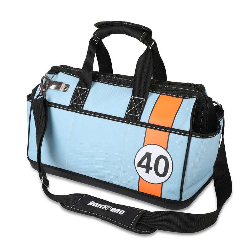 HURRICANE 16 inch Wide Mouth Tool Bag with Water Proof Molded Base with Extra Shoulder Strap Racing themeBlue Multi Pockets Large Inner Space - Image 2