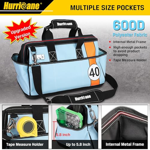 HURRICANE 16 inch Wide Mouth Tool Bag with Water Proof Molded Base with Extra Shoulder Strap Racing themeBlue Multi Pockets Large Inner Space - Image 3