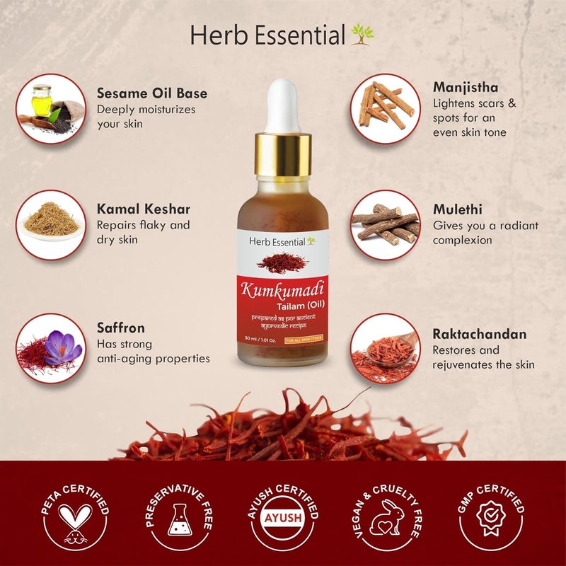 Herb Essential Kumkumadi Face Serum Oil for Glowing Skin and Even Complexion Made with Potent Herbs Ideal for All Skin Types 30Ml - Image 2