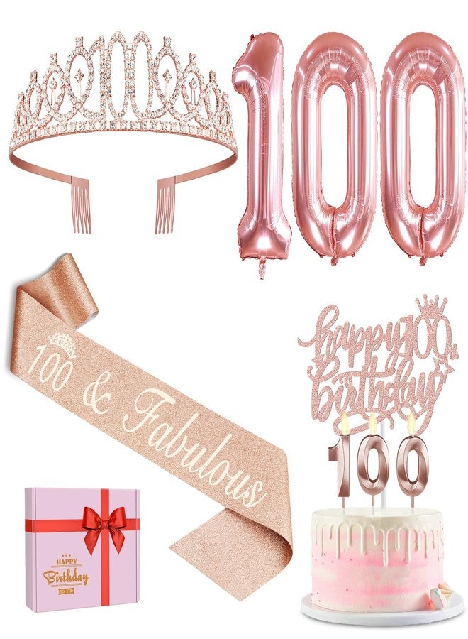 YeohJoy 100th Birthday Decorations for Women, Include 100th Birthday Sash and Tiara, Cake Topper and Candles, Number Balloons, 100 Year Old Gifts Women - Image 1