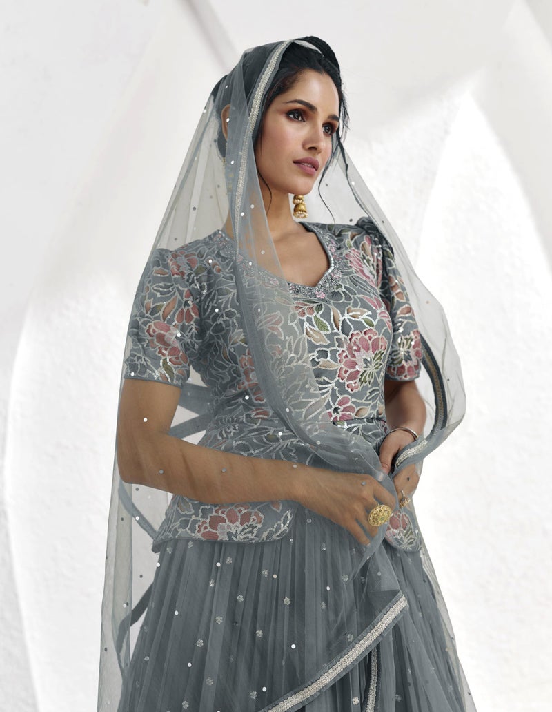 Miss Ethnik Women's Faux Georgette Sophisticated Grey Embroidered Lehenga Choli Suit Set(ME-1172-Grey-XL) - Image 4