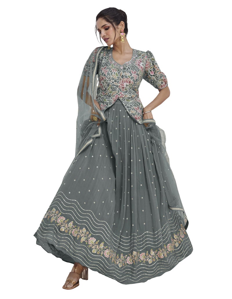 Miss Ethnik Women's Faux Georgette Sophisticated Grey Embroidered Lehenga Choli Suit Set(ME-1172-Grey-XL) - Image 1