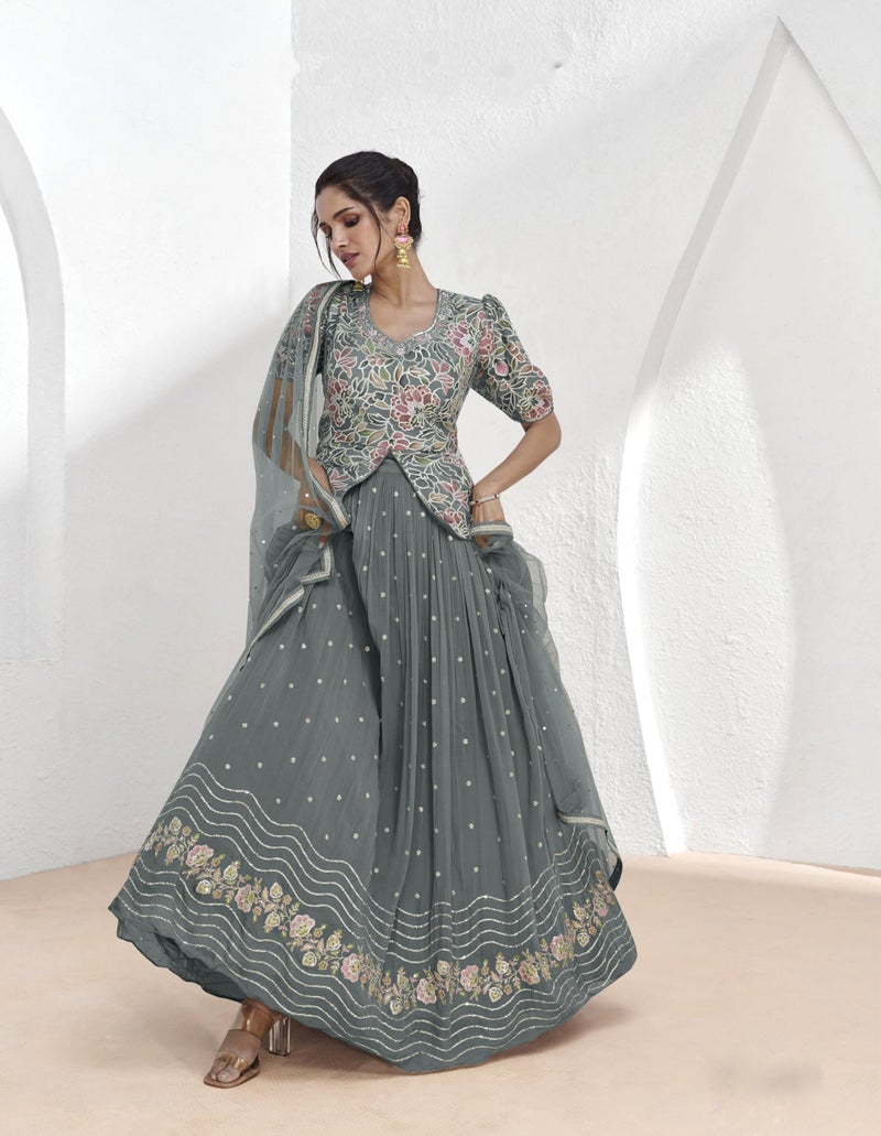 Miss Ethnik Women's Faux Georgette Sophisticated Grey Embroidered Lehenga Choli Suit Set(ME-1172-Grey-XL) - Image 2
