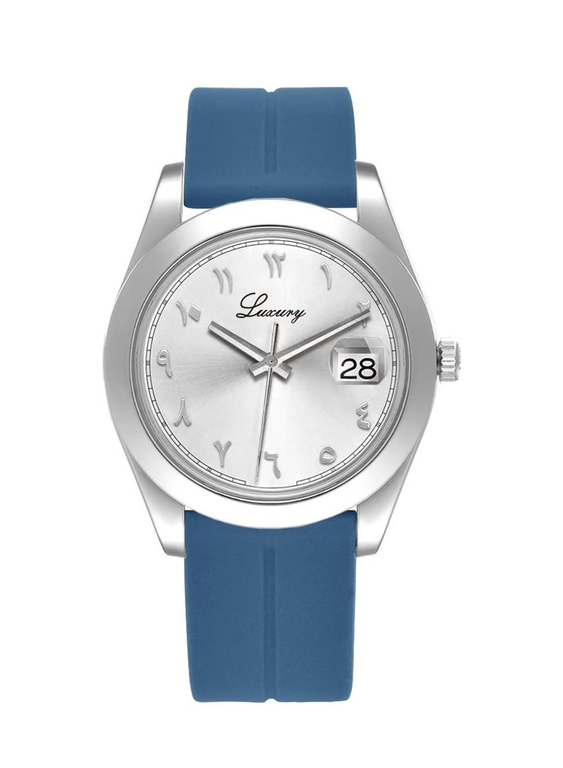 ساعة يد رجالية ربل أرقام عربية - شكل رولكس ضد الماء وبجوة عالية سوار سماوي مع ميناء فضي