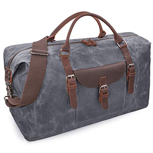 NEWHEY Oversized Travel Duffel Bag Waterproof Canvas Genuine Leather Weekend bag Weekender Overnight Carryon Hand Bag - Image 1