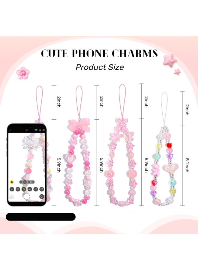 SUNSAR 4 PCS Cute Phone Charms Aesthetic Y2K Cellphone Wrist Strap Bedazzling Bear Bow Butterfly Heart Star Flower Accessories Pink Beaded Anti-Theft Chain String - Image 2