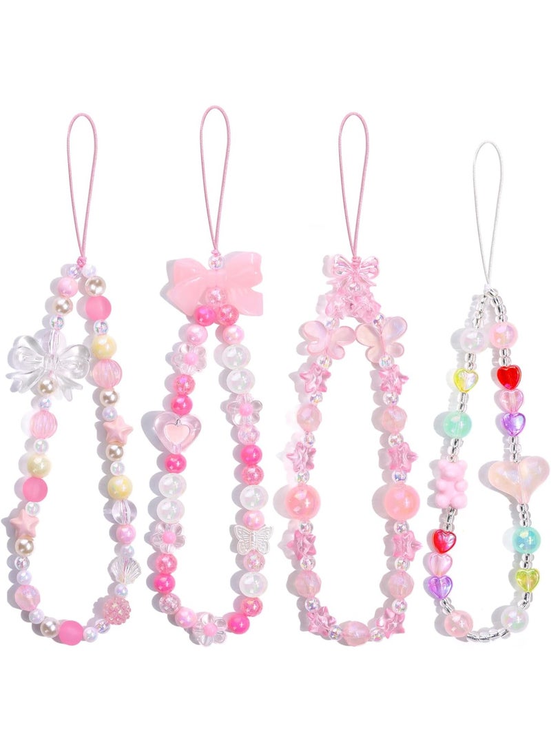 SUNSAR 4 PCS Cute Phone Charms Aesthetic Y2K Cellphone Wrist Strap Bedazzling Bear Bow Butterfly Heart Star Flower Accessories Pink Beaded Anti-Theft Chain String - Image 1