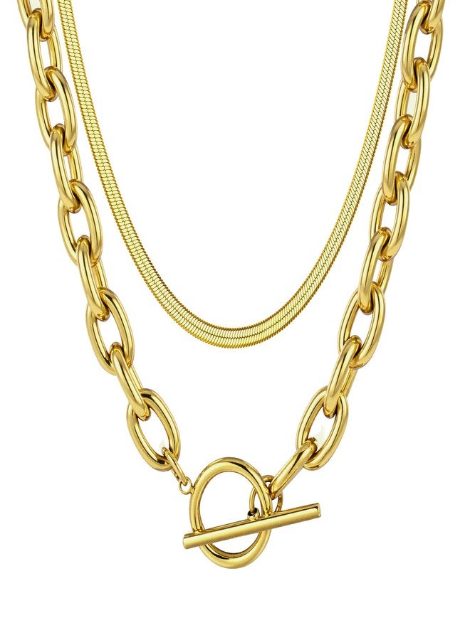 TEN MIRO 18k Chunky Gold Necklace for Women Sweatproof, Non Tarnish Chunky Layered Chain Necklaces Thick Gold Layering Herringbone Paperclip Necklace Stacks Toggle Necklaces for Women Men, Stainless - Image 1
