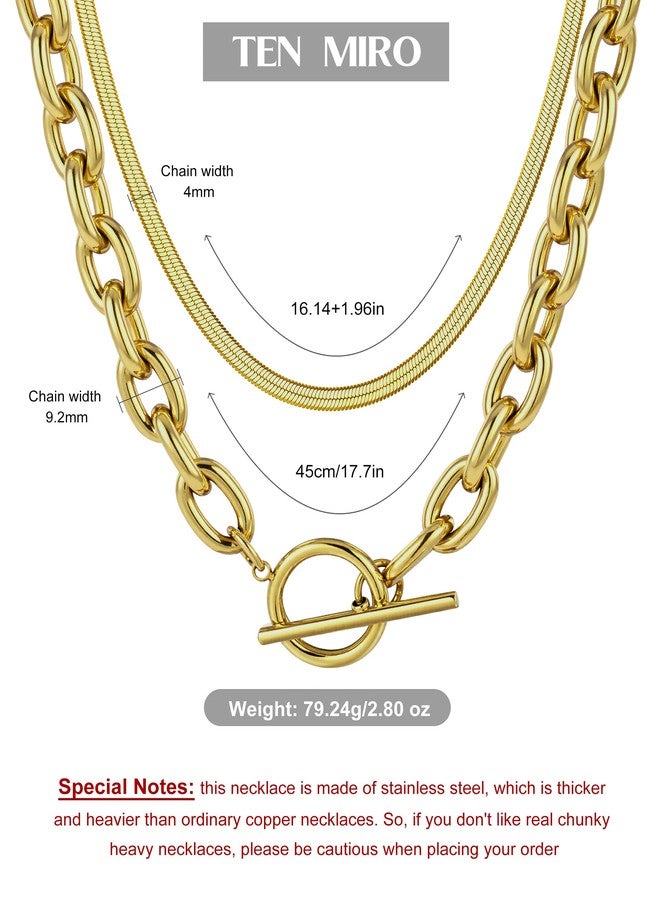 TEN MIRO 18k Chunky Gold Necklace for Women Sweatproof, Non Tarnish Chunky Layered Chain Necklaces Thick Gold Layering Herringbone Paperclip Necklace Stacks Toggle Necklaces for Women Men, Stainless - Image 2