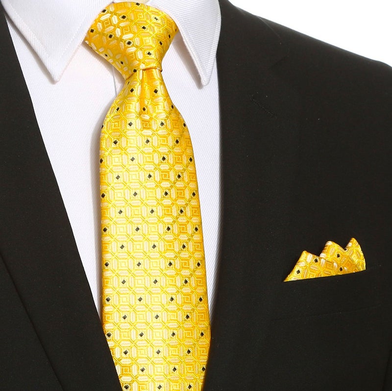 fortunatever Yellow Mens Handmade Ties For Men,Checkered Pattern Necktie With Black Dots(58") - Image 2