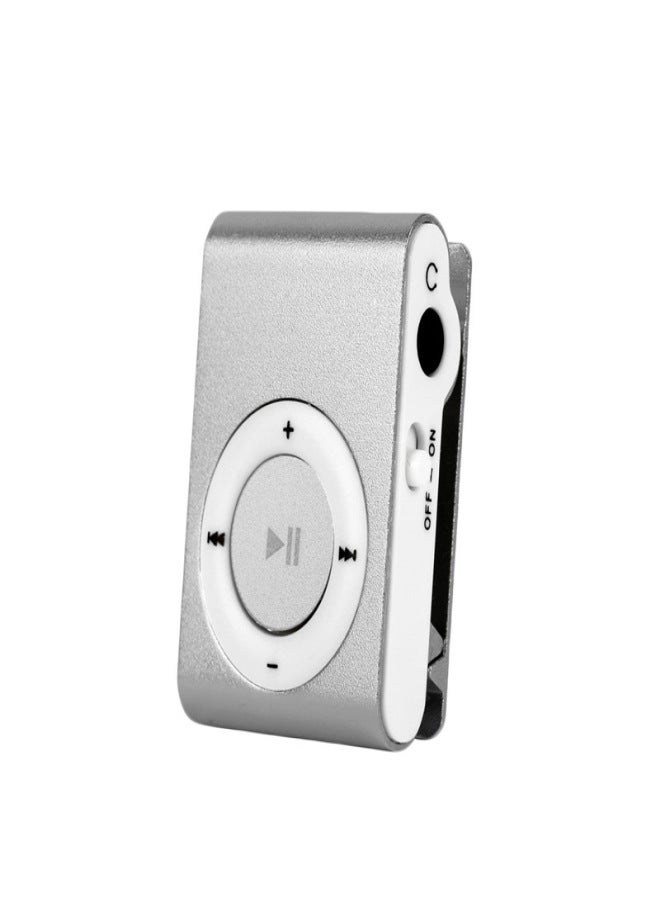 مشغل MP3 صغير الحجم مزود بمشبك معدني، هدية مثالية للطلاب، متوفر بالجملة، باللون الرمادي الفضي، مع علبة كريستالية وكابل شحن وسماعات أذن. - Image 1