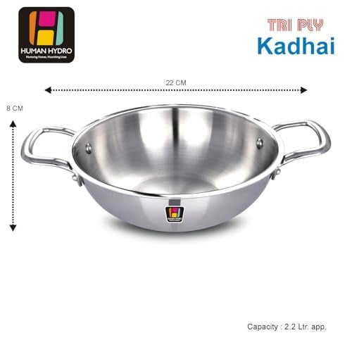 Human Hydro Triply Stainless Steel Kadai (22CM/2.2L) with Lid | 3-Layer Steel–Aluminium–Steel Cookware | Induction & Gas Compatible | Easy to Clean, Heavy-Duty Cookware for Frying & Curries - Image 2
