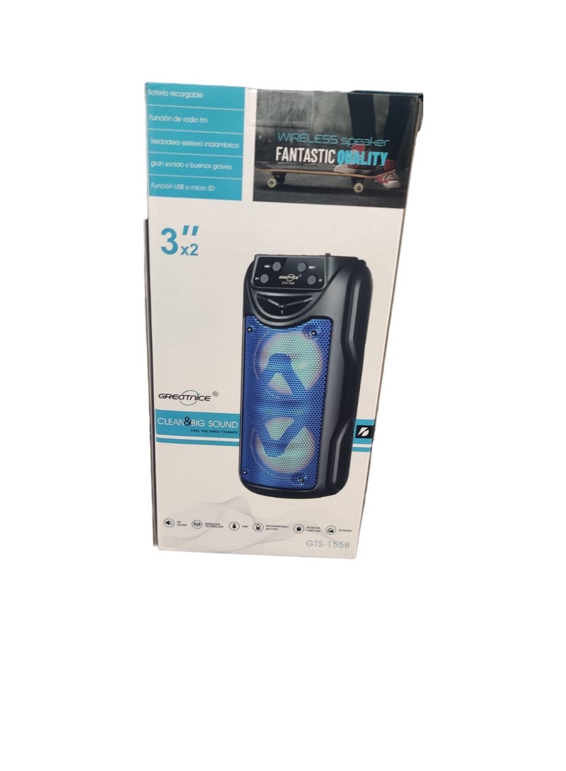 قريت نايس مكبر صوت لاسلكي محمول 3 بوصة - أضواء LED، راديو FM، دعم USB/SD، صوت جهير عميق (GTS-1558) - Image 2