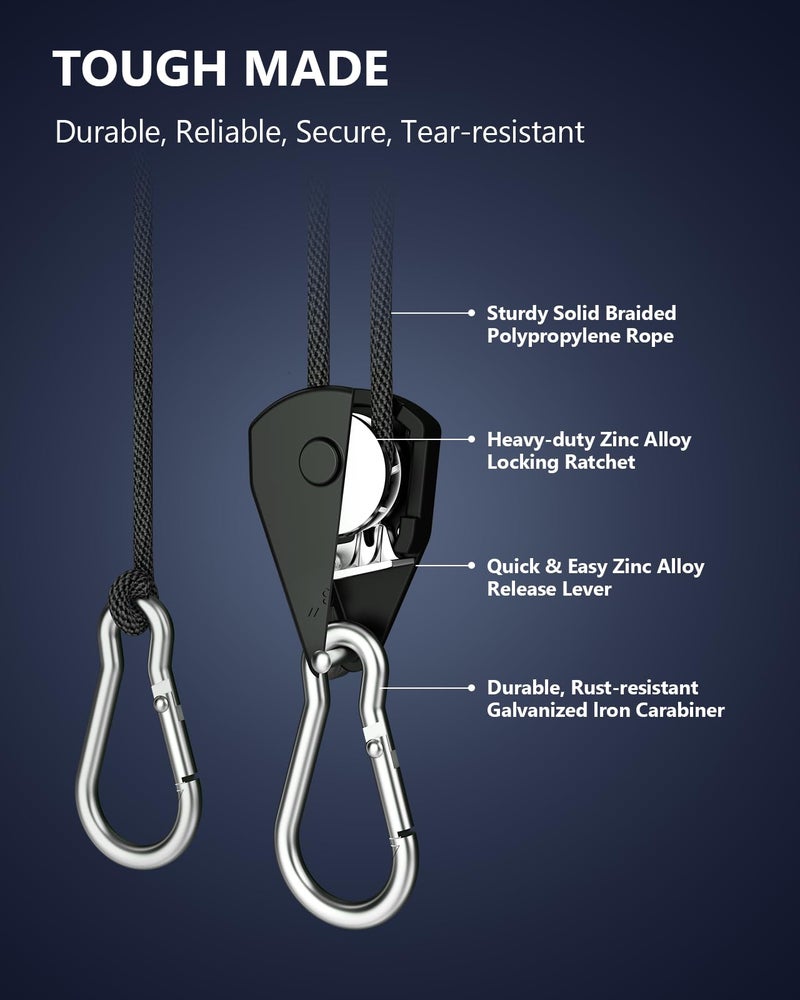 VIPARSPECTRA Retractable Heavy Duty Ratchet Tie Down Straps [12 Pack, 8ft, 75lbs/Pack], Rope Pulley System with Carabiner Hook Rope Adjuster for Hanging Plants/Grow Light/Tents Various Tie-Down Uses - Image 4