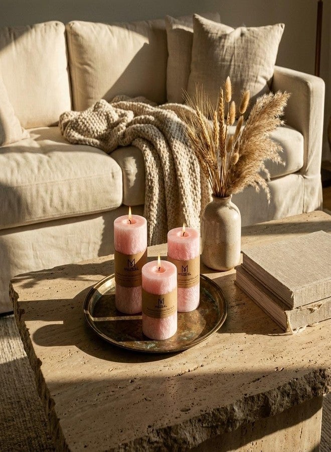MOZEAL Hand-Poured, Unscented Pink Crystal Pillar Decorative Candles, Elegant Set of 3 in Different Sizes (3"x4", 3"x5", 3"x6"), Luxurious Décor for Spring Homes & Events - Image 3