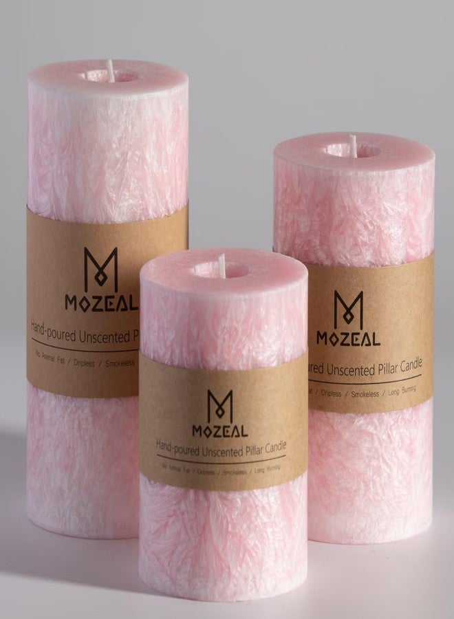 MOZEAL Hand-Poured, Unscented Pink Crystal Pillar Decorative Candles, Elegant Set of 3 in Different Sizes (3"x4", 3"x5", 3"x6"), Luxurious Décor for Spring Homes & Events - Image 1